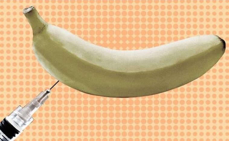 Ampliación do pene mediante inxección usando un plátano como exemplo